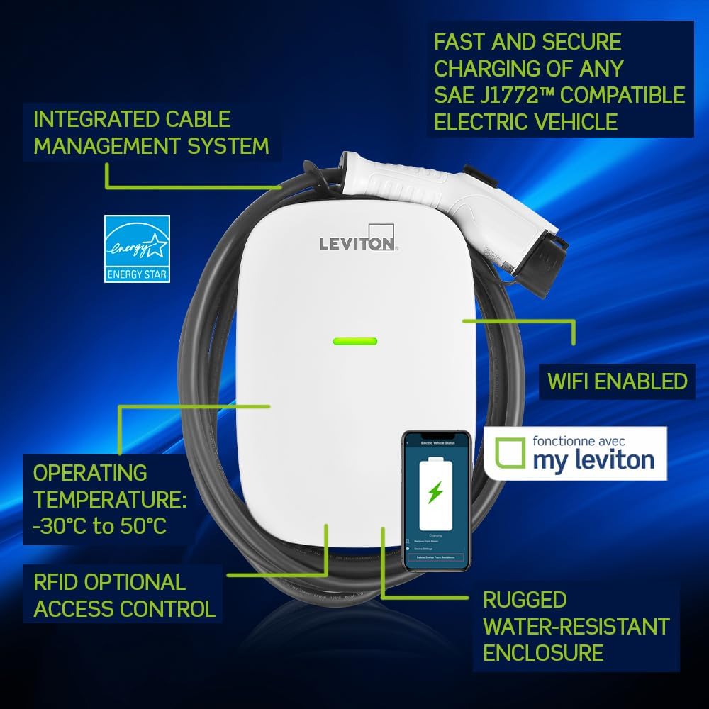Leviton evr-green Electric Vehicle EV Charger 32A Level 2, RFID, WiFi