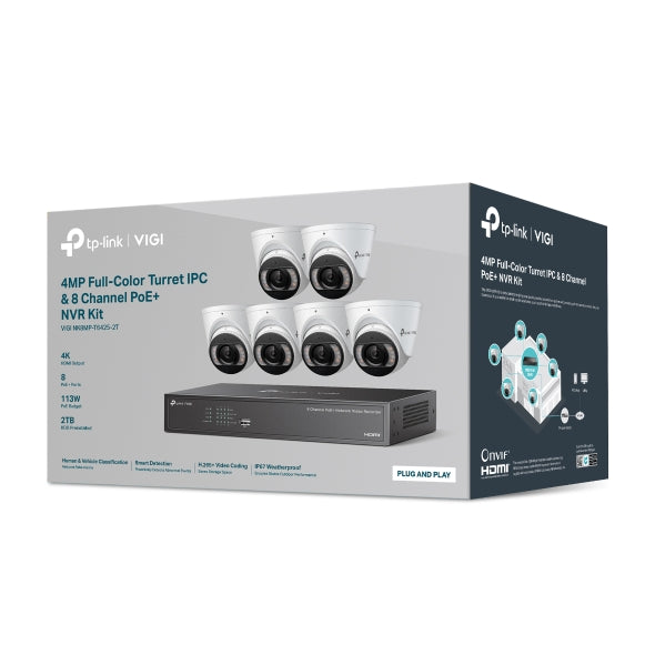 TP-Link VIGI NK4P-T4425-2T 6 x 4MP Full-Color Turret IPC  & 8 Channel PoE+ NVR KIT with 2TB HDD