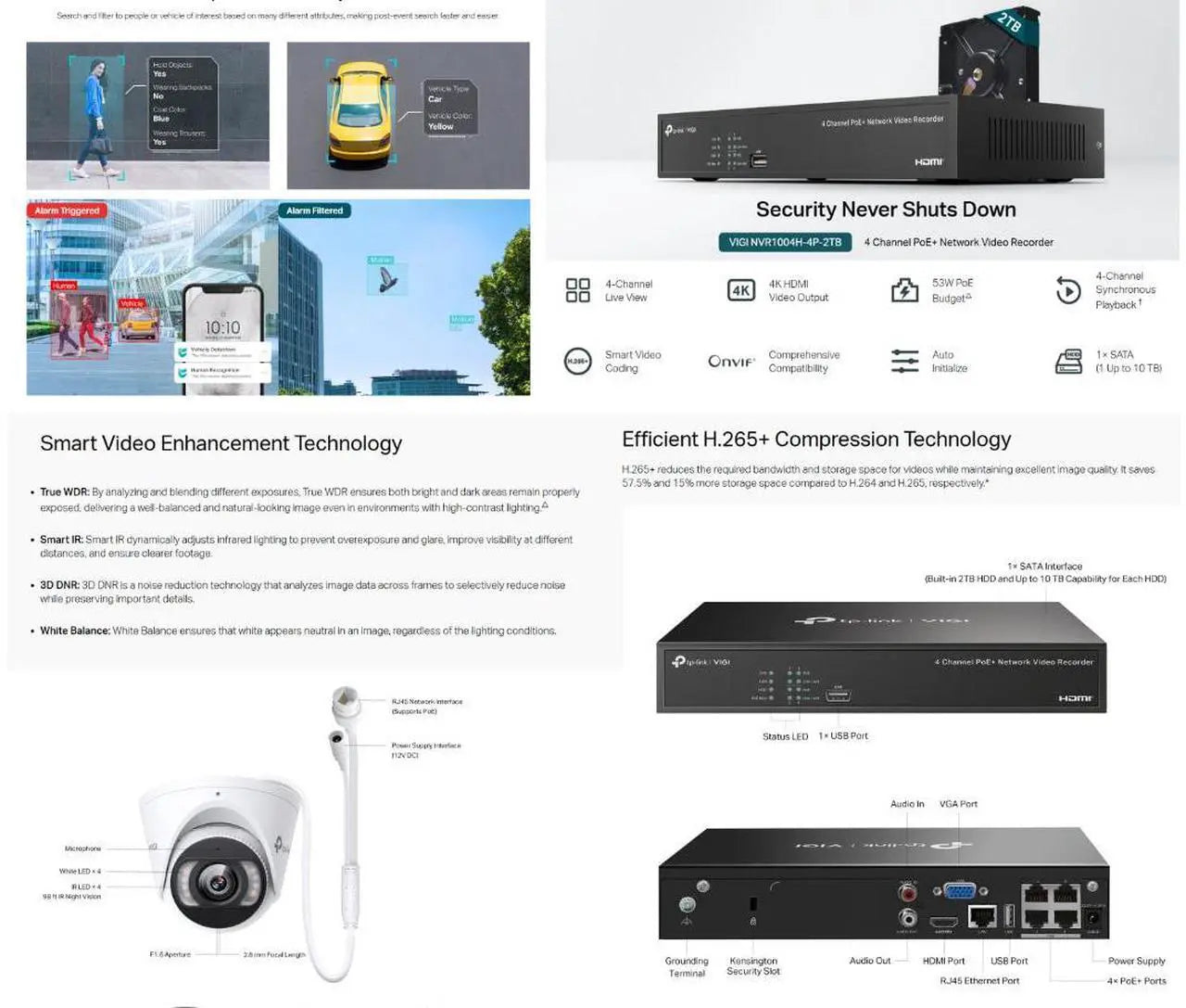 TP-Link VIGI NK4P-T4425-2T 4 x 4MP Full-Color Turret IPC  & 4 Channel PoE+ NVR KIT with 2TB HDD